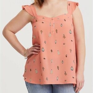 Torrid Size 0 Large Coral Cactus Ruffle Strap Tank Top Crepe Cami Flowy #C95811